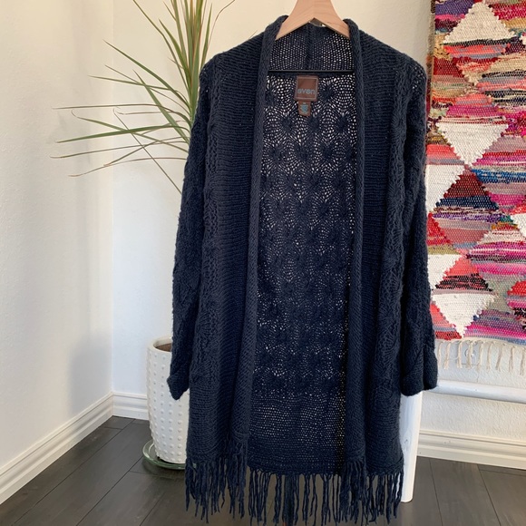 Navy Blue Fringe Bottom Open Cardigan 